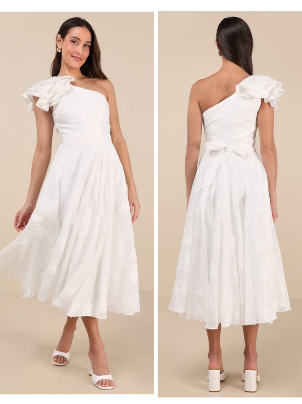 Lulus Sweet Definition White Burnout Ruffled One-Shoulder Midi Dress Size Large